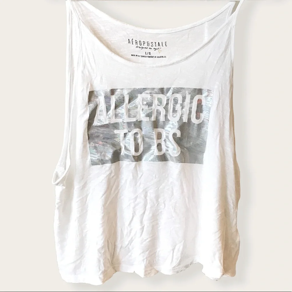 Aeropostale ALLERGIC TO BS Light Silver Metallic Rainbow White Crop Tank Top